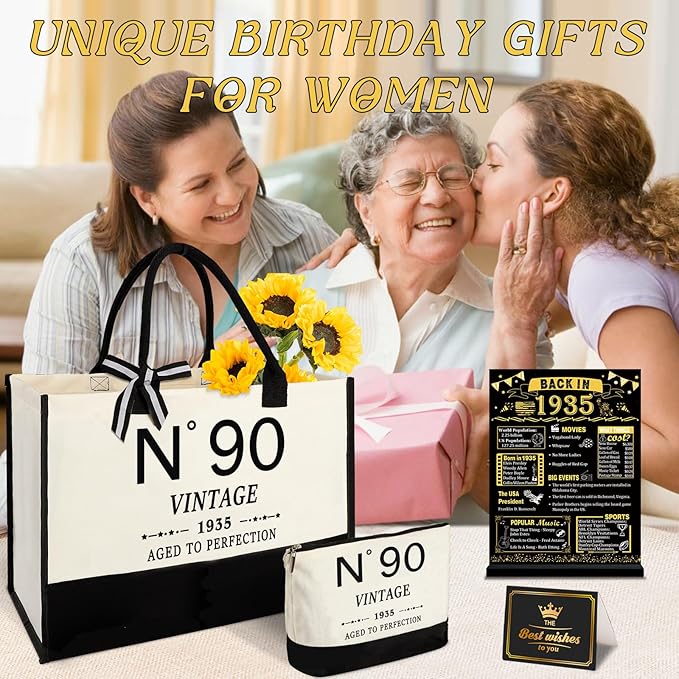 90th Birthday Gifts for Women Canvas Tote Bag Travel Gear, Unique 90 Years Old Gifts for Wife Sister Mom Aunt Friends Her, Vintage N°90 Handbag & Cosmetic Bag & Back in 1935 Poster