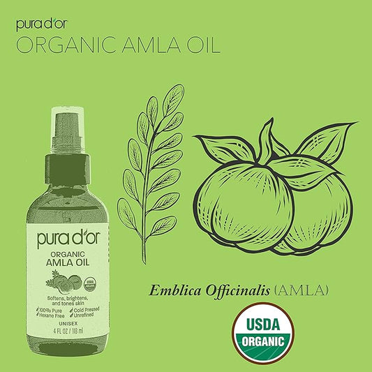 PURA D'OR 4 Oz ORGANIC Amla Oil, 100% Pure USDA Certified Premium Grade, Cold Pressed, Unrefined, Extra Virgin, Hair Serum & Thickening Hair Product w/Pump for Women & Men