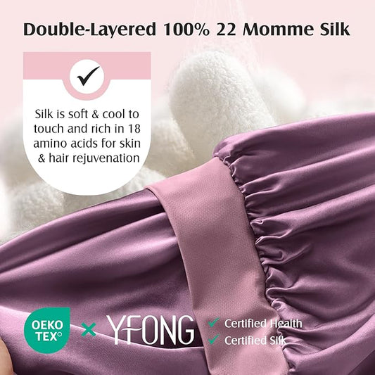 YFONG 100% 22 Momme Mulberry Silk Bonnet for Sleeping Women, Larger Double Layer Silk Hair Wrap for Curly Short Long Hair, Non-Slip Sleep Cap Turban with Elastic Tie Band for Hair Care, Purple