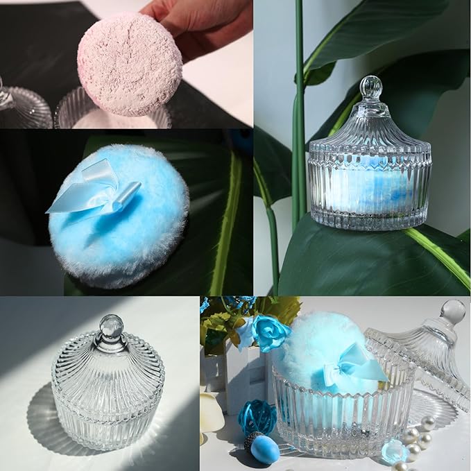 2 Pcs Large Body Powder Puff and Container Powder with Puff Powder Puff Crystal Container Soft Washable Reusable Velour Face Body Glitter Powder Puff Wet Dry Makeup (Clear Heart)