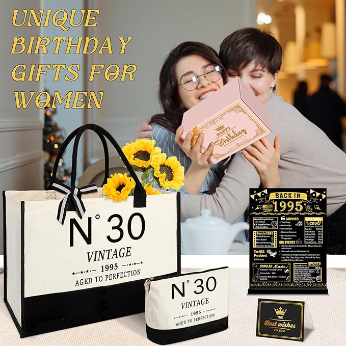 30th Birthday Gifts for Women Canvas Tote Bag Travel Gear, Unique 30 Years Old Gifts for Wife Sister Mom Aunt Friends Her, Vintage N°30 Handbag & Cosmetic Bag & Back in 1995 Poster
