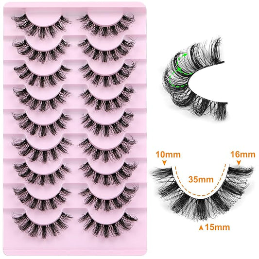 ALPHONSE Russian Lashes Clear Band False Eyelashes Natural Look D-Curly Fake Lashes Russian Strip Faux Mink Eyelashes 9 Pairs Pack