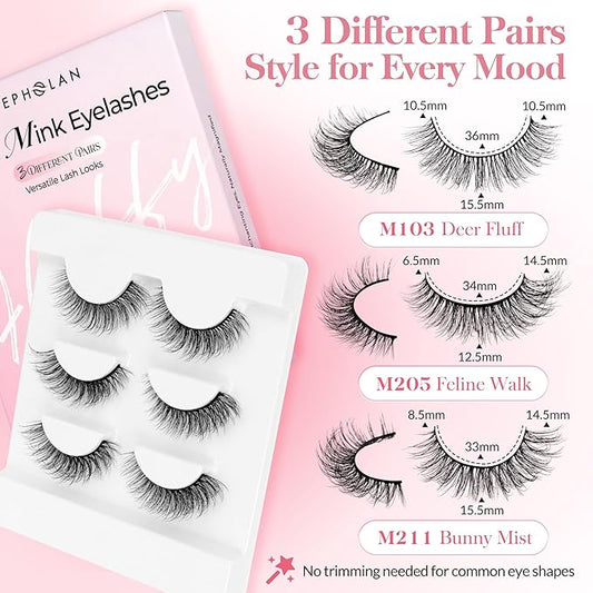 Bepholan False Eyelashes 3D Faux Mink Lashes Natural Look Super Fluffy Eyelashes Volume Strip Eyelashes, Cat Eye Lashes Lightweight Fake Eyelashes Easy to Apply 3 Pairs(M101)