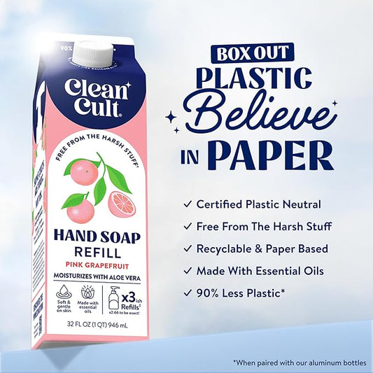 Cleancult Liquid Hand Soap Refill - Pink Grapefruit- Moisturizes Dry & Sensitive Skin - Made with Aloe Vera & Essential Oils - Eco Friendly - Paper-Based Packaging - 32 oz/3 Pack
