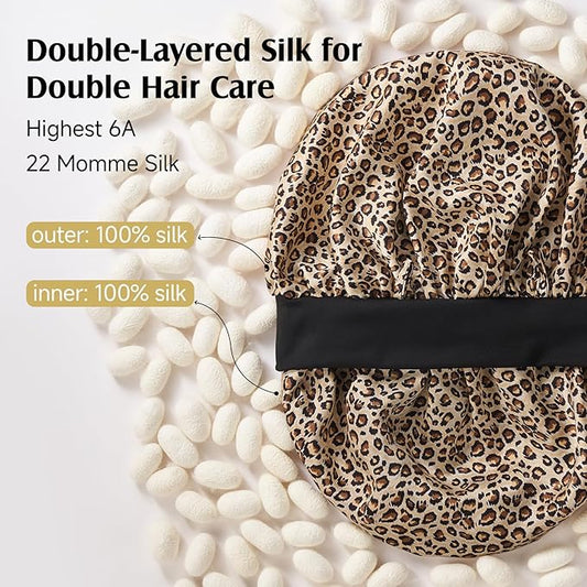 YFONG 100% 22 Momme Mulberry Silk Bonnet for Sleeping Women, Larger Double Layer Silk Hair Wrap for Curly Short Long Hair, Non-Slip Sleep Cap Turban with Elastic Tie Band (Leopard)