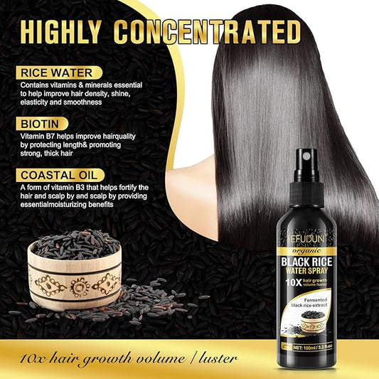 Organic Black Rice Water Spray for Hair Growth, A Solution with Castor Oil & Ginger Root Extract for Thicker, Fuller Hair, Targets Hair Loss and Repairs Damage 100ml/3.2 fl.oz (1 PC)