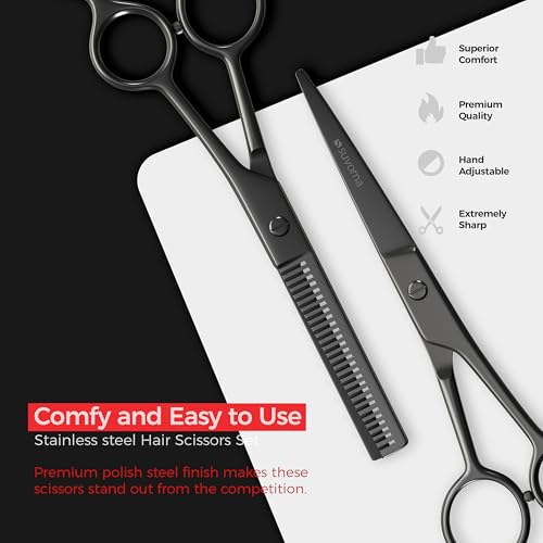 Suvorna 6.5" Professional Hair Scissors Set with Thinning Shears for Hair Dressers, Barbers and Professionals - Extremely Sharp Hair Cutting Scissors Set for Thinning, Layering and Cutting (Black)