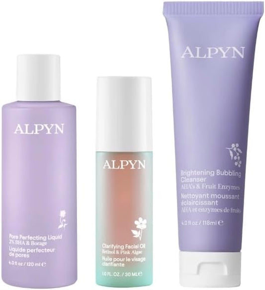 Alpyn The Clear Skin Method: 4.0 Fl Oz. Pore Perfecting Liquid + 1 Fl Oz Clarifying Facial Oil + 4 Fl Oz. Brightening Bubbling Cleanser