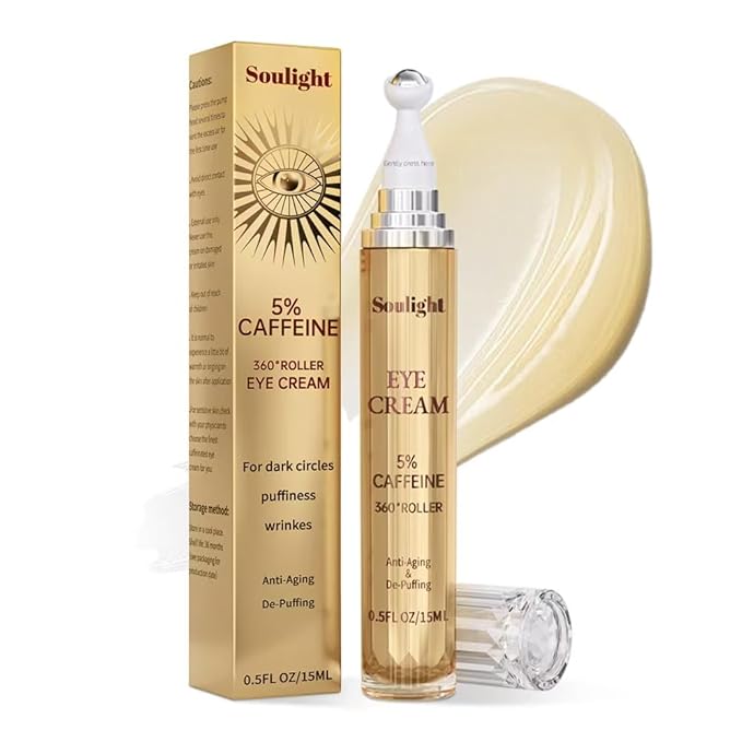 Soulight 5% Caffeine Eye Serum with Hyaluronic Acid & Vitamin C - for Dark Circles, Fine Line, Bag Treatment & Moisturizing | Under Eye Cream with 360° Roller Massage Ball