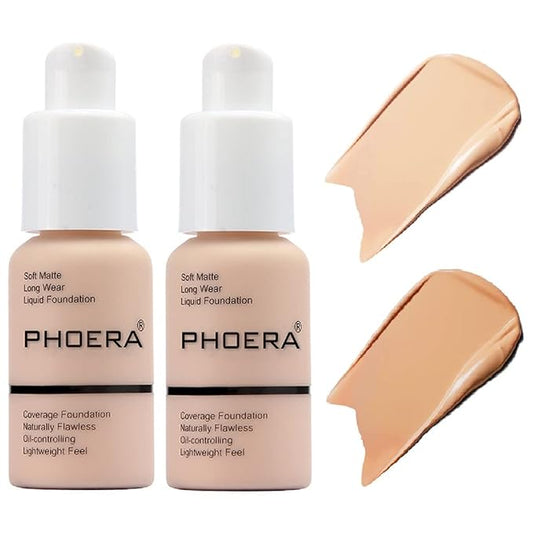 2 Pack PHOERA Foundation,Flawless Soft Matte 24 HR Oil Control Concealer Makeup,Full Coverage Foundation for Women and Girls (102 Nude+104 Buff Beige)