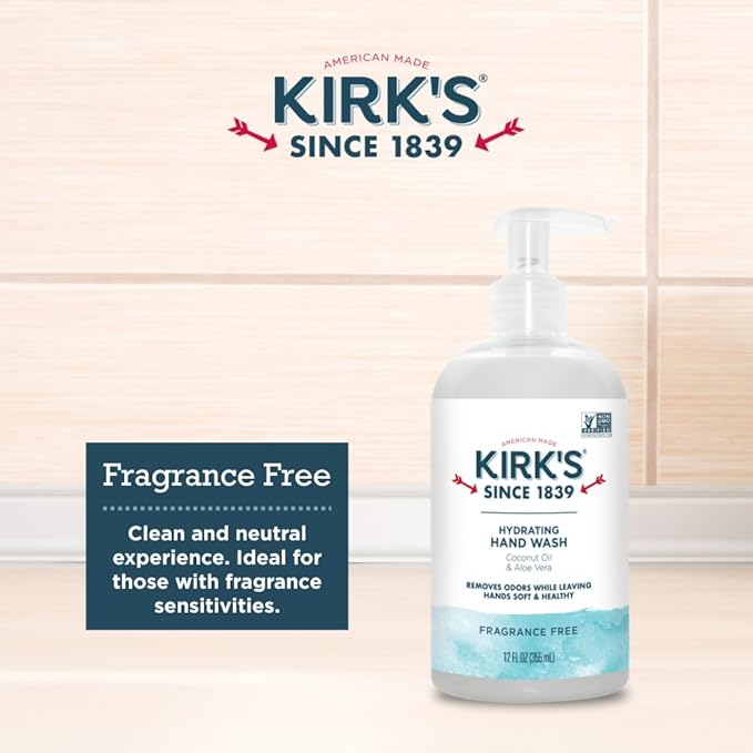 Kirk's Hydrating Hand Wash - Made with Coconut Oil and Aloe Vera, With Odor Neutralizing Technology To Help Eliminate Odors, Non-GMO, Vegan, Fragrance Free, 12 Fl Oz. 4 pack