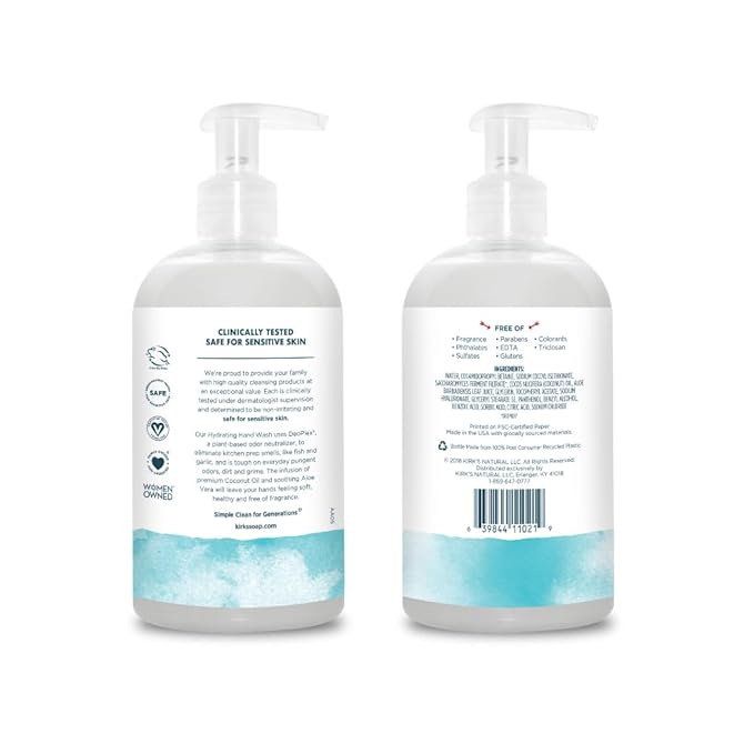 Kirk's Hydrating Hand Wash - Made with Coconut Oil and Aloe Vera, With Odor Neutralizing Technology To Help Eliminate Odors, Non-GMO, Vegan, Fragrance Free, 12 Fl Oz. 4 pack