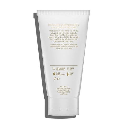 Hylunia Skincare Grape Seed Facial Scrub – Gentle Exfoliating Face Scrub with Ground Grape Seed, Bentonite Clay, and Alpha Hydroxy Acid for smooth, glowing skin and refined pores, 5.1oz