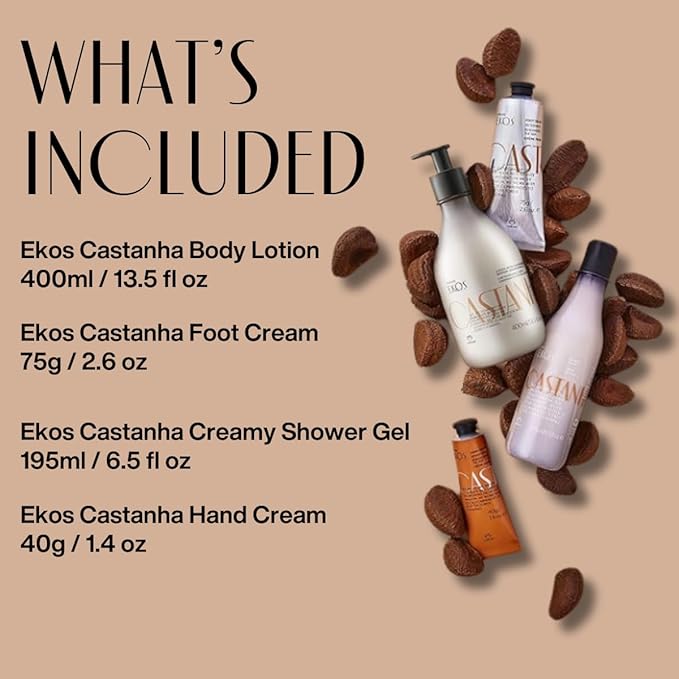 Natura - Ekos Castanha Collection Bio-Beauty Gift Set (4 Products) - Body Lotion, Hand Cream, Foot Cream, Shower Gel - Gift Box - Vegan Skin Care - Brazilian Beauty Secrets - Self Care & Body Care