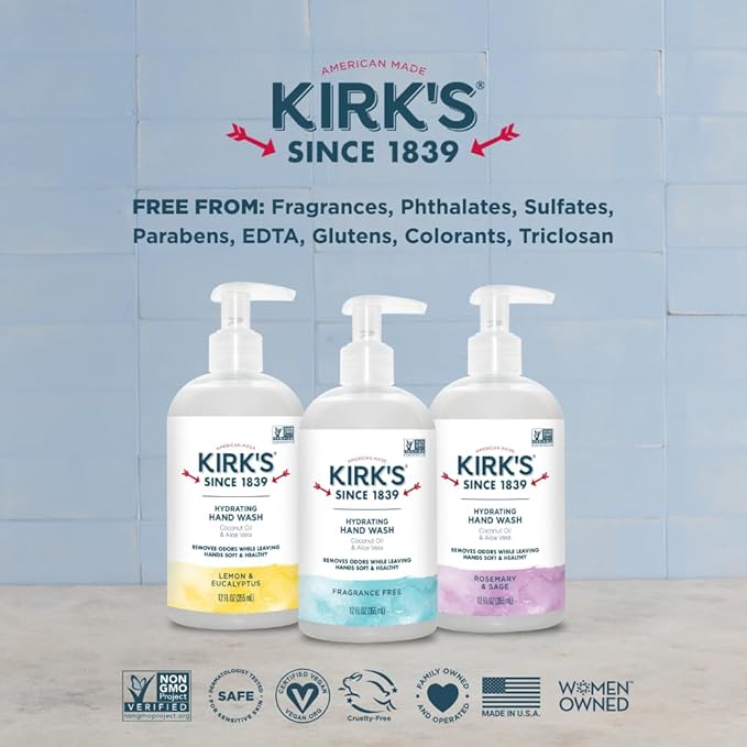 Kirk's Hydrating Hand Wash - Made with Coconut Oil and Aloe Vera, With Odor Neutralizing Technology To Help Eliminate Odors, Non-GMO, Vegan, Fragrance Free, 12 Fl Oz. 4 pack