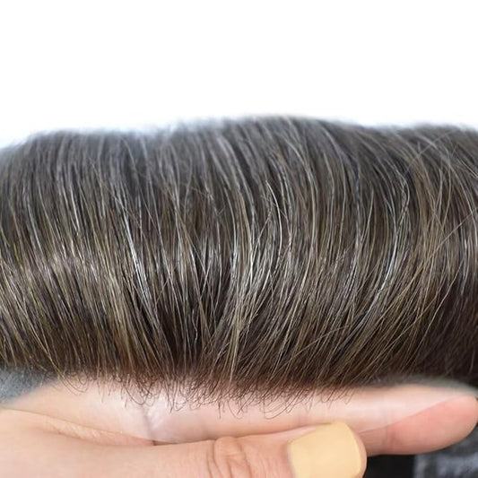 FACE MIRACLE Lace Front Mens Toupee Human Hair System Swiss Lace Center Toupee for Men Thin Skin PU Around Hair Replacement System V-Looped Mens Hair Wig Units 7"X9" #240 Darkest Brown with 40% Gray