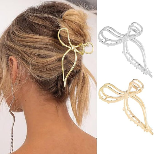 CAKURE Bow Hair Claw Clips Gold Metal Hair Clips Medium Hair Jaw Clamps Stylish Hair Accessories for Women and Girls (Pack of 2)