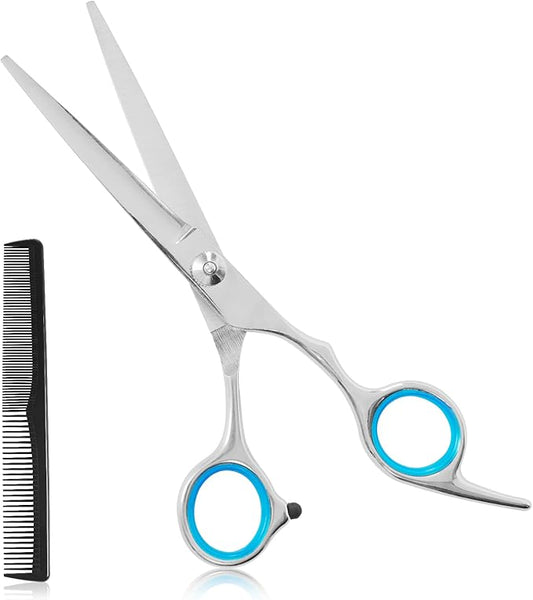 Hair Cutting Scissors,6.5 Inch Professional Stainless Steel Barber Haircut Shears Razor,Sharp Blades,One Comb Included, For Salon Home Men Women Adults Kids Pet (Silver)