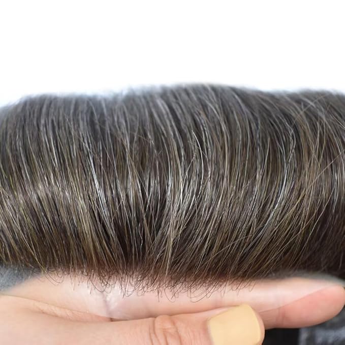 FACE MIRACLE French Lace Mens Toupee Human Hair System Lace Center Toupee for Men Thin Skin PU Around Hair Replacement System V-Looped 6"X8" #330 3# DARK BROWN WITH 30% SYNTHETIC GREY