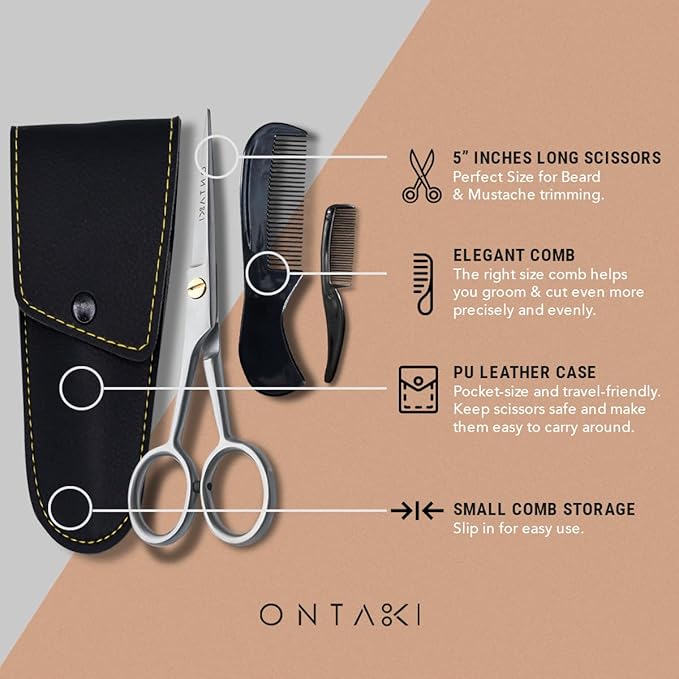 Ontaki German Steel Beard Scissors - 5-Inch, Silver, 1 Count - Beard Grooming Shears & Mustache Trimming Kit with Comb & Pouch, Airplane Friendly, Hand-Forged 410C Steel, Finger Rest