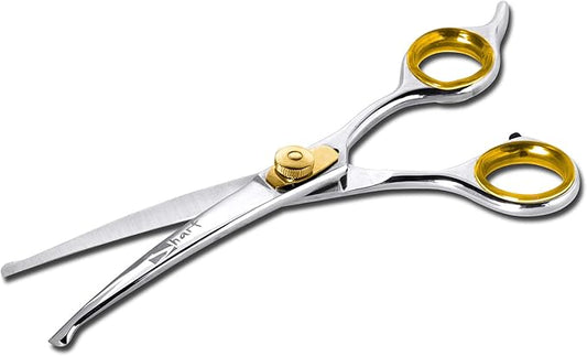 Sharf Dog Grooming Scissors, Gold Touch 6.5 Inch Curved Sharp Professional Pet Grooming Shear with Safety Round Tip, Ball Point for Safe and Easy Use Even for Nose, Ear and Face