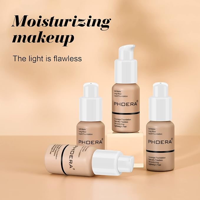 BestLand PHOERA Foundation Full Coverage Liquid Foundation Cream - Long-lasting Lightweight Concealer - Oil-Free Formula - Natural Shade - Suitable for All Skin Types (Buff Beige #104)