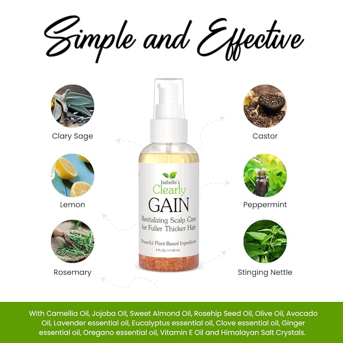 Isabella's Clearly GAIN, Hair Thickening Serum for Men and Women | Natural Herbal Scalp Oil with Castor, Jojoba, Clary Sage, Rosemary, Nettle Extract for Hair Loss, Thinning Hair | Made in USA