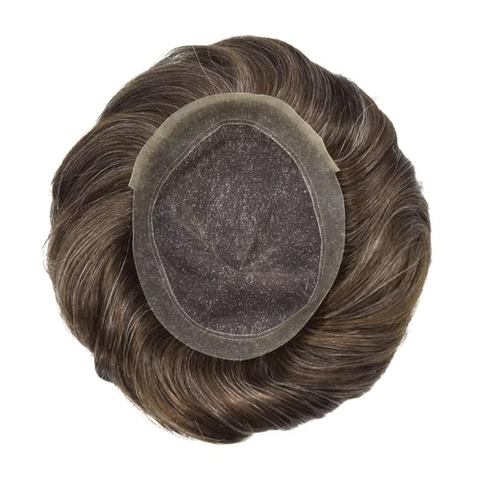 FACE MIRACLE French Lace Mens Toupee Human Hair System Lace Center Toupee for Men Thin Skin PU Around Hair Replacement System V-Looped 6"X8" #330 3# DARK BROWN WITH 30% SYNTHETIC GREY