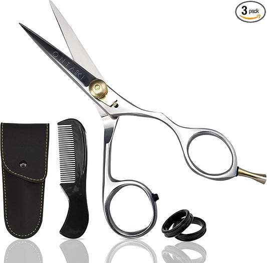 Ontaki Hair Scissors for Beard & Mustache - 5.5" 420C Japanese Steel, Silver, Right Hand - Hand-Forged Hair Cutting Scissors with Ergonomic Handles - Includes Beard Comb with Handle & PU Leather Pouch