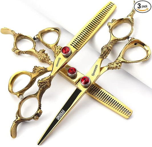 Gold Dragon Professional Hairdressing Scissors - 7/7.5/8 Inch, Gold and Black, 6 Inch 3-Piece Set