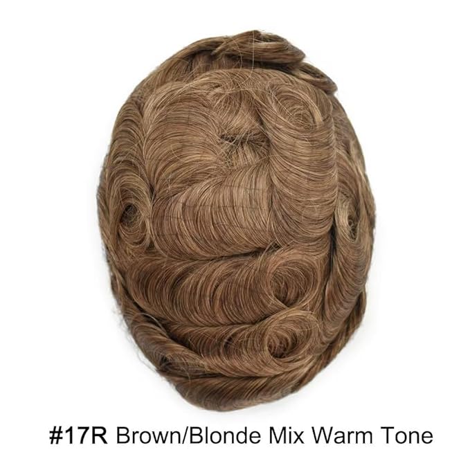 Mens Toupee Human Hair Piece French Lace Toupee for Man Hair System Indian Human Hair Replacement Systems V-Looped PU Front Hairpieces 6"X8" 17R#BROWN/BLONDE MIX WARM TONE