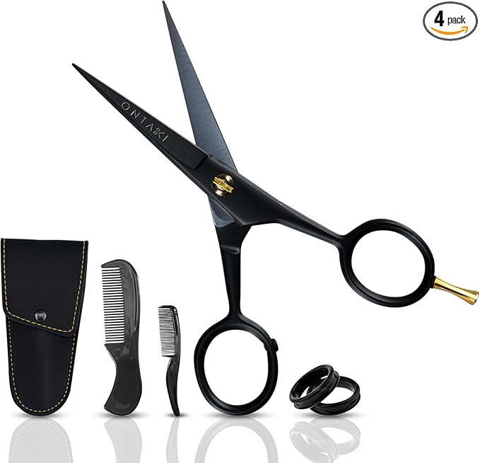 Ontaki Professional Beard Scissors for Men - 5 in Hand-Forged Black 410C German Steel - Includes 2 Combs & PU Pouch - Beard & Mustache Grooming Kit