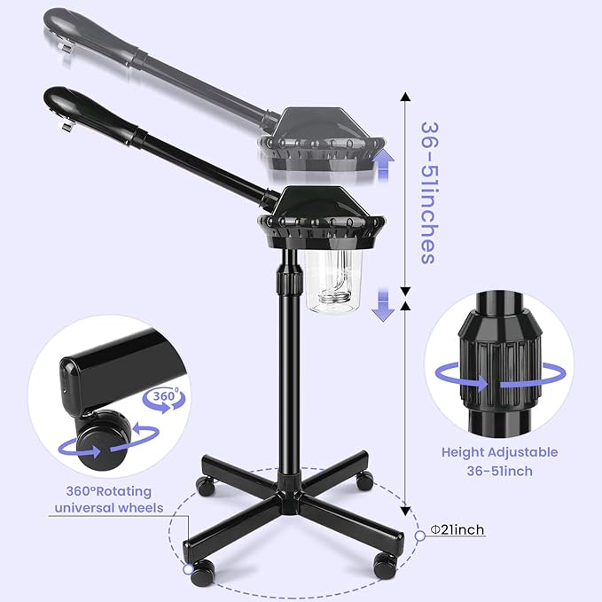 Facial Steamer, Poressional Facial Steamer on Wheels with Timer Function, Ozone Face Steamer for Spa, Salon and at Home Use