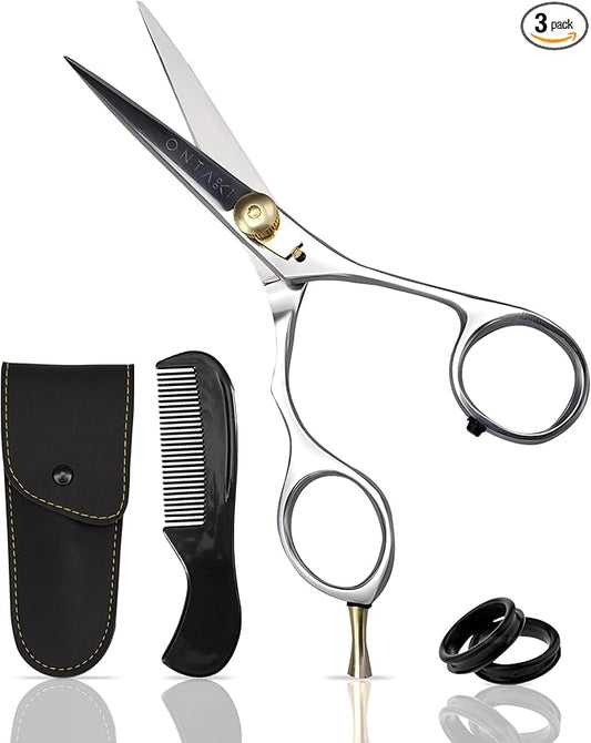 Ontaki 5.5-Inch Japanese Mustache & Beard Scissors - Left-Handed Silver 420C Steel - Hand-Forged & Left-Handed Beard Shears - Ergonomic & Hair Scissors - Comb & Pouch & Barber Shears for Facial Hair