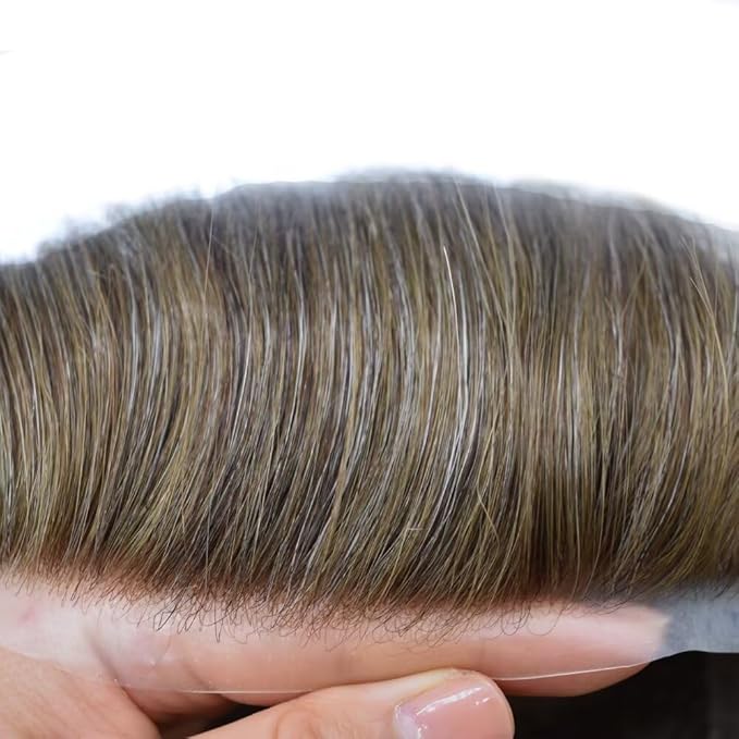 FACE MIRACLE Mens Toupee Lace Front Hairpieces Soft Human Hair Replacement System Toupee for Men French Lace Poly V-Looped Mens hair Units 6"X9" #740 7# VERY LIGHT BROWN WITH 40% SYNTHETIC GREY