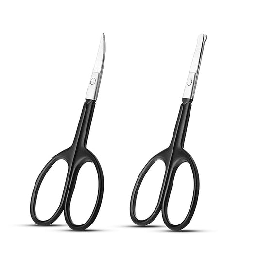 Facial Hair Small Grooming Scissors For Men Women - Eyebrow, Nose Hair, Mustache, Beard, Eyelashes, Ear Trimming Kit - Curved and Rounded Safety Tip Clippers For Hair Cutting 2PCS With Cover Black
