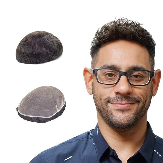 Lordhair Toupee for Men European human hair Full French Lace Hairpieces，Base Size 6x8 inch Hair Replacement System for Men Natural Hairline Human Hair Wig Dark Brown #2