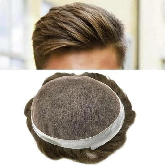 Mens Toupee Human Hair Piece French Lace Toupee for Man Hair System Indian Human Hair Replacement Systems V-Looped PU Front Hairpieces 6"X9" 6# LIGHT BROWN