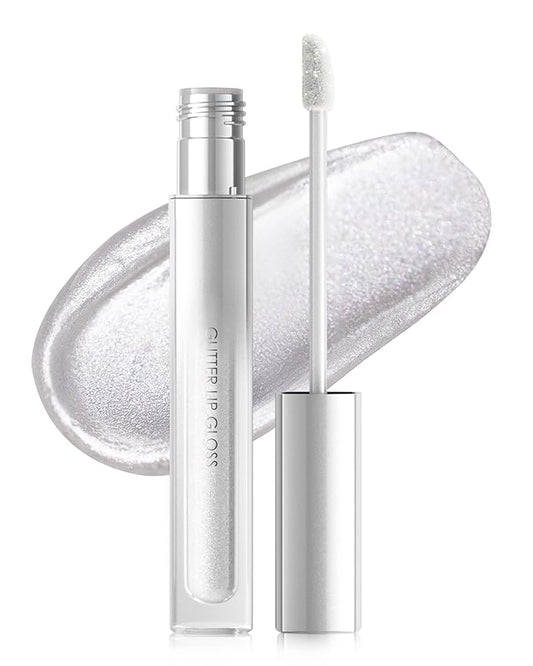 Glitter Sheer Silver Lip Gloss, Matte Metallic Shimmer Non-Stick Lip Gloss,Long-Lasting Waterproof Smudge Proof Liquid Lipstick Lipgloss,Sparkle Diamond Lip Tint Stain, Makeup Gift for Women Girl-01