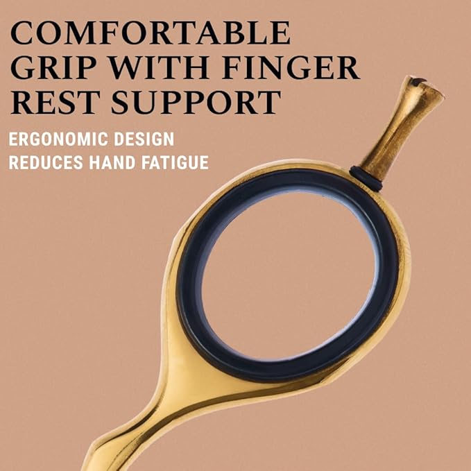 Ontaki Japanese Steel Beard & Hair Trimming Scissors - Precision Convex Blades Hair Cutting Scissors - Adjustable Tension Knob Barber Shears - Rubber Ring Grip & Mustache Comb - Gold Brass, 5.5 in