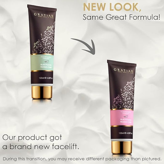 Gratiae Organic Moisture Cream Lavender Aromatheraphy Collection Multi Purpose Perfect Skin, Anti Aging treatment for face and body, light, non sticky 4.25 Oz