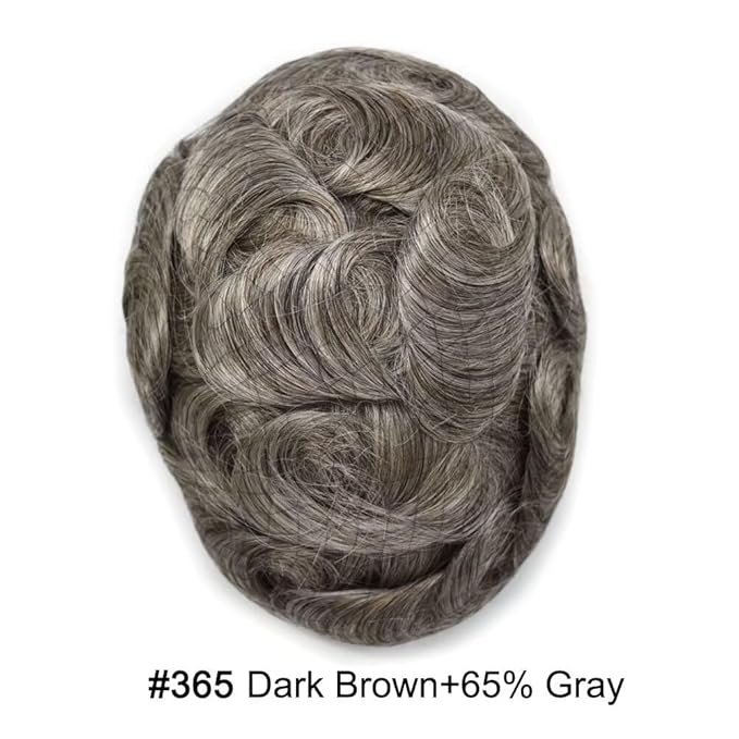 FACE MIRACLE Lace Front Mens Toupee Human Hair System Swiss Lace Center Toupee for Men Thin Skin PU Around Hair Replacement System V-Looped Mens Hair Wig Units 6"X8" #365 Dark Brown with 65% Gray