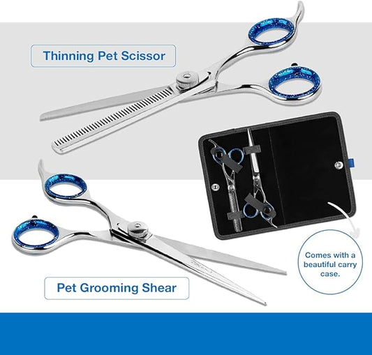 Laazar Pet Grooming Set - 7" Straight Pet Grooming Scissors & 6.5" Pet Thinning Shears with 42 Teeth | Professional Dog Scissors Kit | Use as Cat and Dog Shears