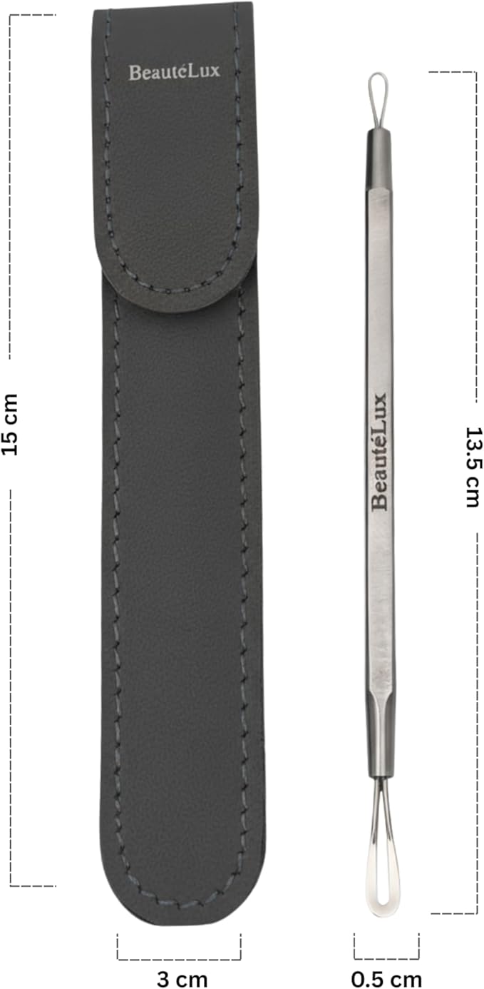 Blackhead Removal Tool, 2-in-1 Acne Extractor Tool - Stainless Steel Blackhead/Whitehead Remover for Face/Nose, Grey Leather Pouch
