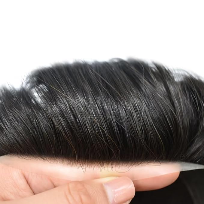 FACE MIRACLE Toupee for Men French Lace Hairpiece Human Hair Replacement System Skin PU Mens Toupee V-Looped Front Hair Piece 6"X8" #1B Off Black-120% medium light to medium density