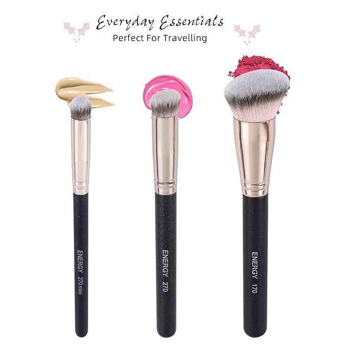 ENERGY Makeup Brush Set Professional 3pcs Foundation Concealer Detail Brushes Soft Synthetic Bristles Vegan Face Makeup Brushes for Liquid Cream Powder Flawless Blending Buffing with Travel Case