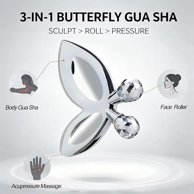 Stainless Steel Gua Sha Facial Tools,3D Butterfly Facial Roller for Women,2-in-1 Guasha Tool for Face Eye Skin Tightening,Body Gua Sha Tool for Lymphatic Drainage&Acupressure