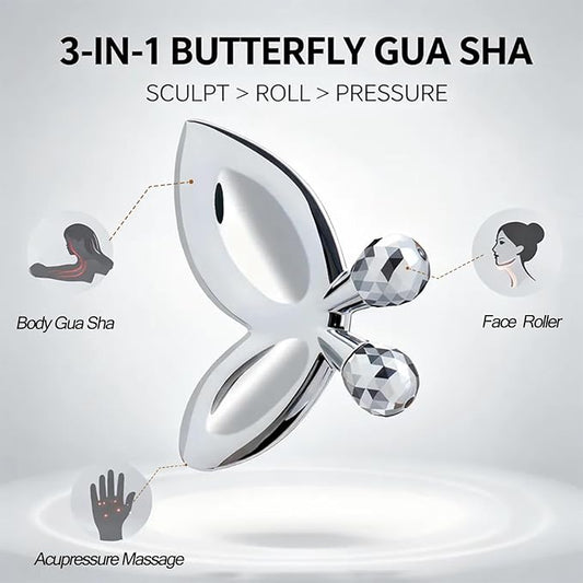 Stainless Steel Gua Sha Facial Tools,3D Butterfly Facial Roller for Women,2-in-1 Guasha Tool for Face Eye Skin Tightening,Body Gua Sha Tool for Lymphatic Drainage&Acupressure
