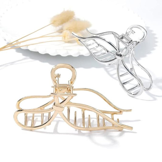 CAKURE Bow Hair Claw Clips Gold Metal Hair Clips Medium Hair Jaw Clamps Stylish Hair Accessories for Women and Girls (Pack of 2)