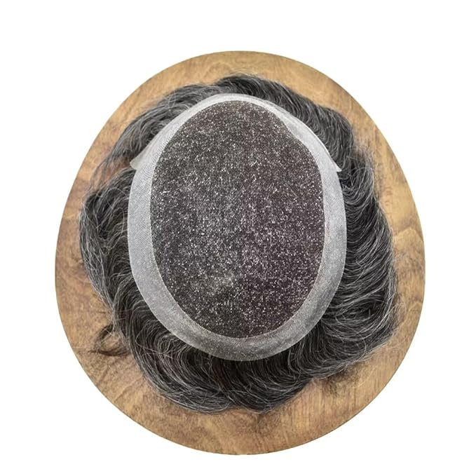 FACE MIRACLE Toupee for Men French Lace Hairpiece Human Hair Replacement System Skin PU Mens Toupee V-Looped Front Hair Piece 6"X8" #1B40 1B# OFF BLACK WITH 40% SYNTHETIC GREY-80% Light Density